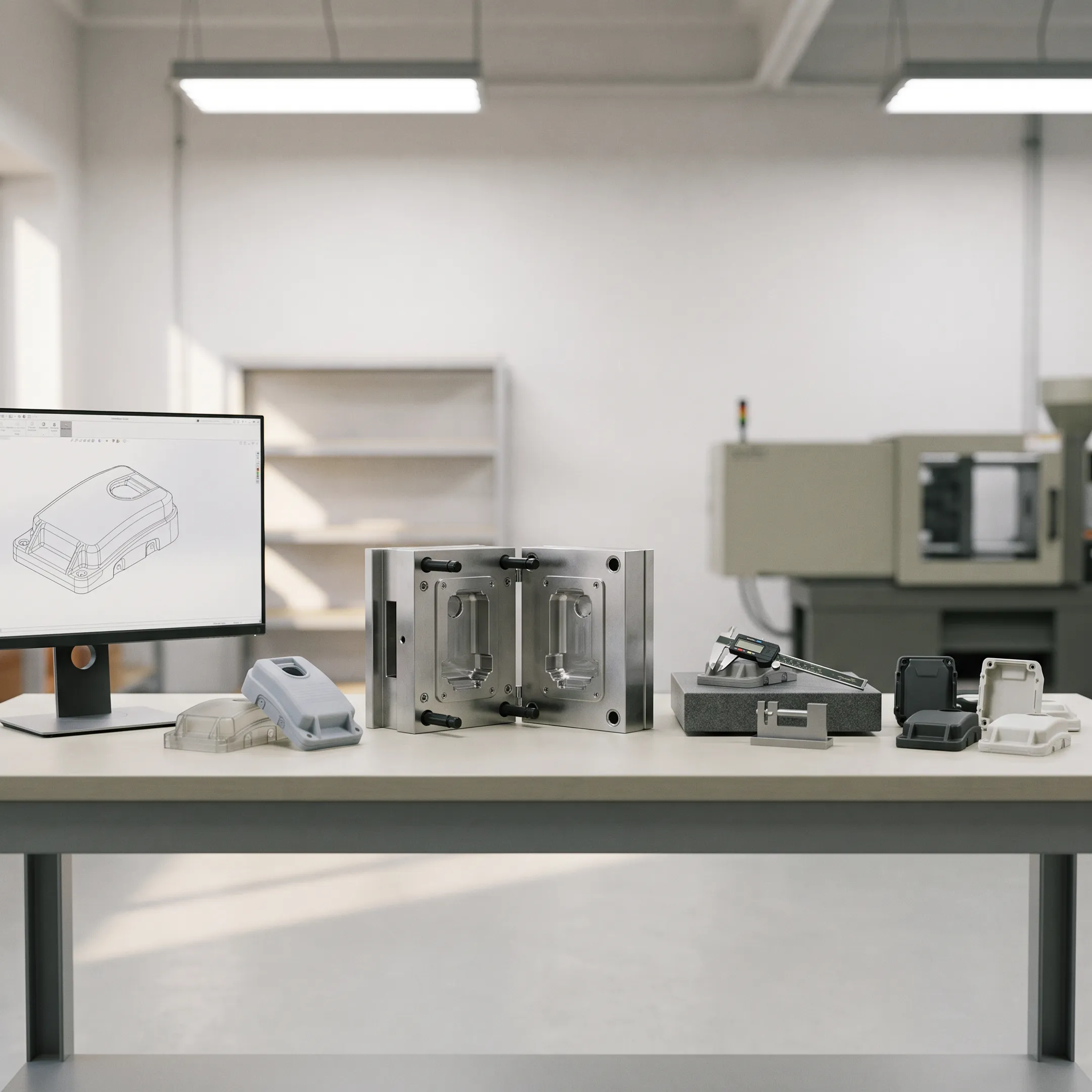 Product development process showing progression from concept sketches to finished injection molded parts