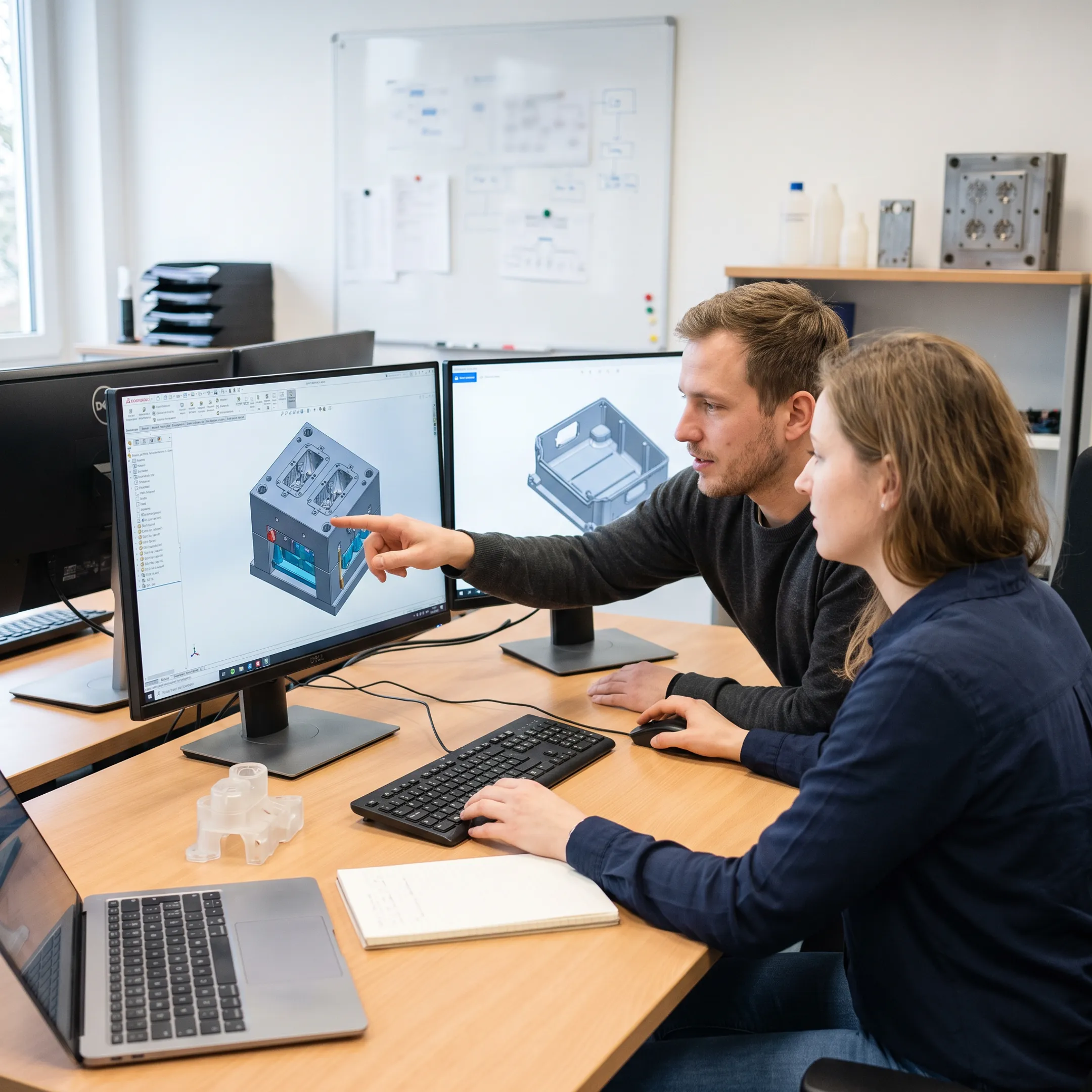 Engineering team collaborating on injection mold design with CAD software