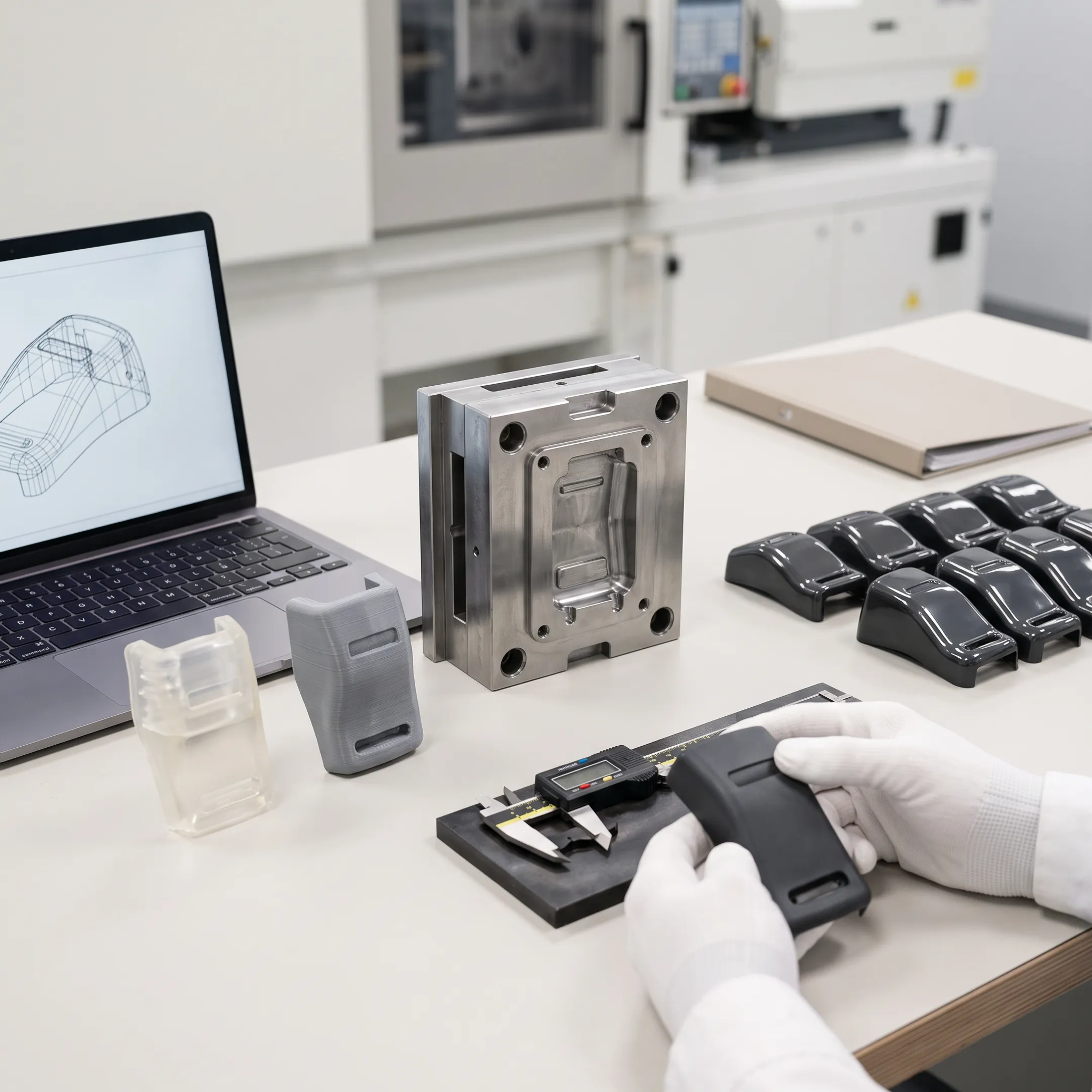 Product development stages from CAD design to finished injection molded parts