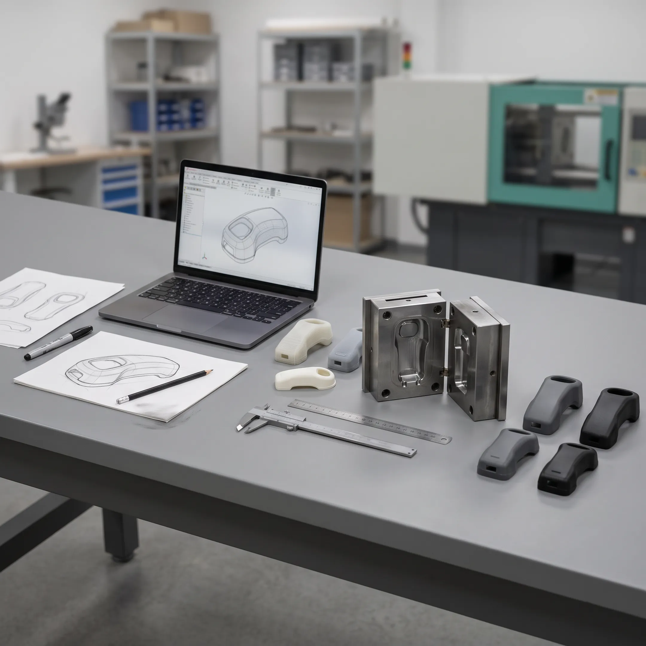 Product development stages from sketch to finished molded component