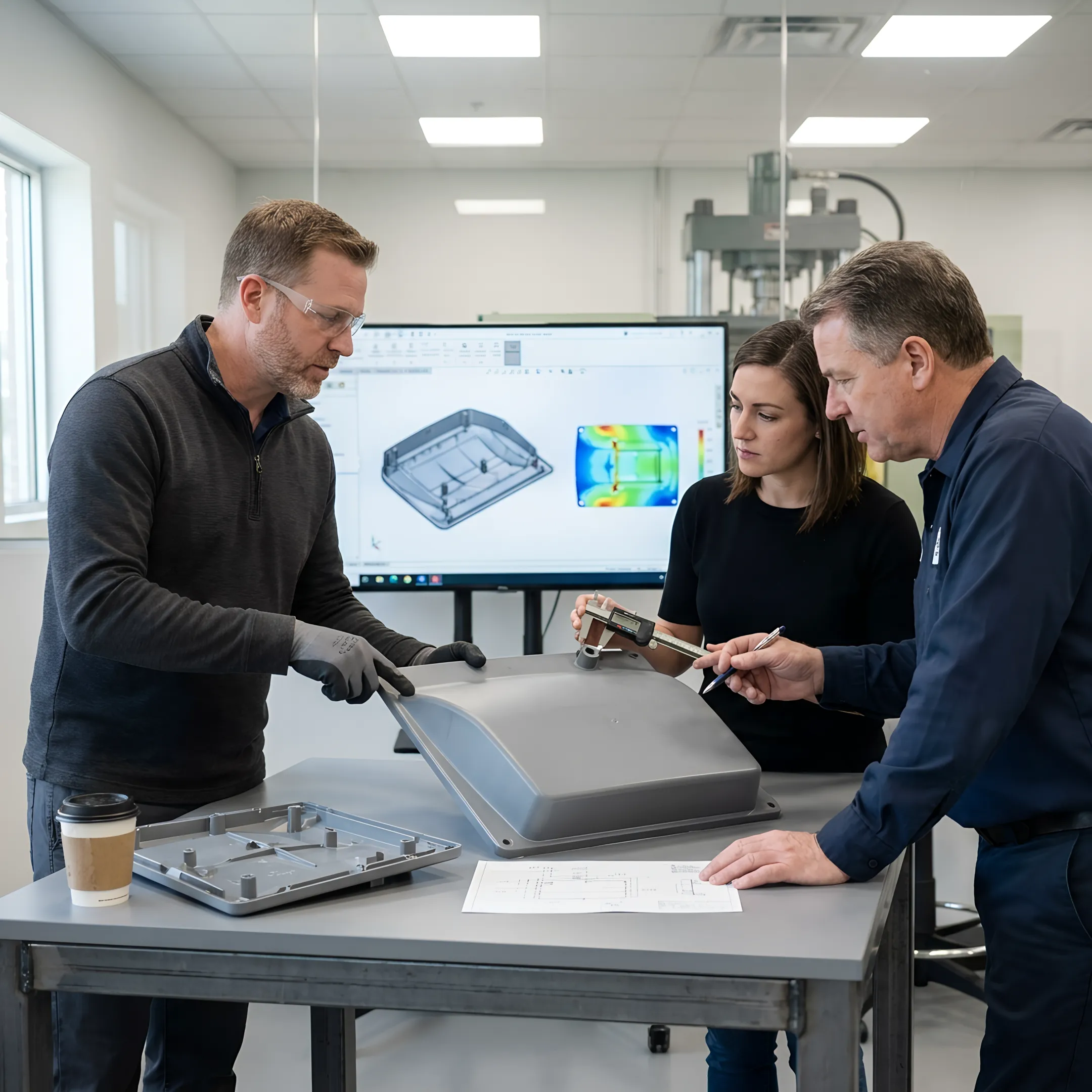 Engineering team reviewing large plastic component designs with CAD software and physical prototypes