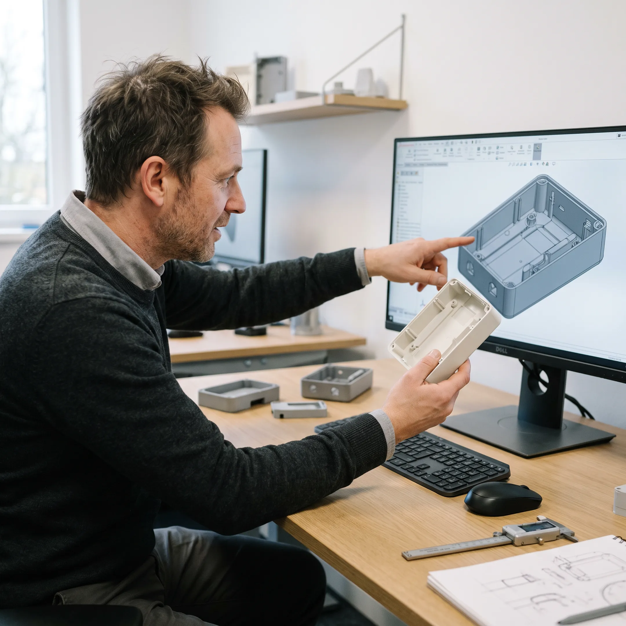 Engineer reviewing 3D CAD model and physical prototype sample side by side