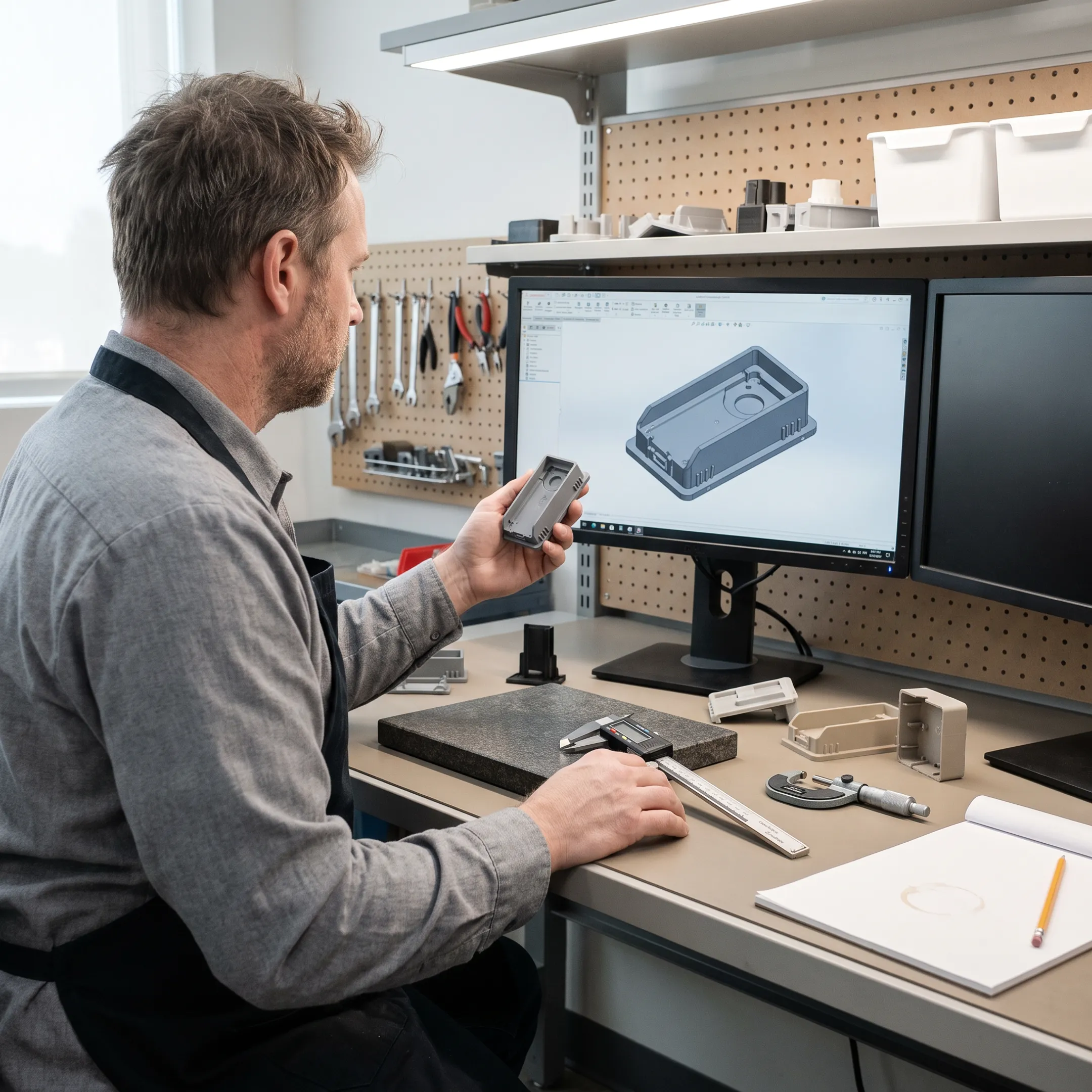 Engineer reviewing plastic prototype design on computer screen