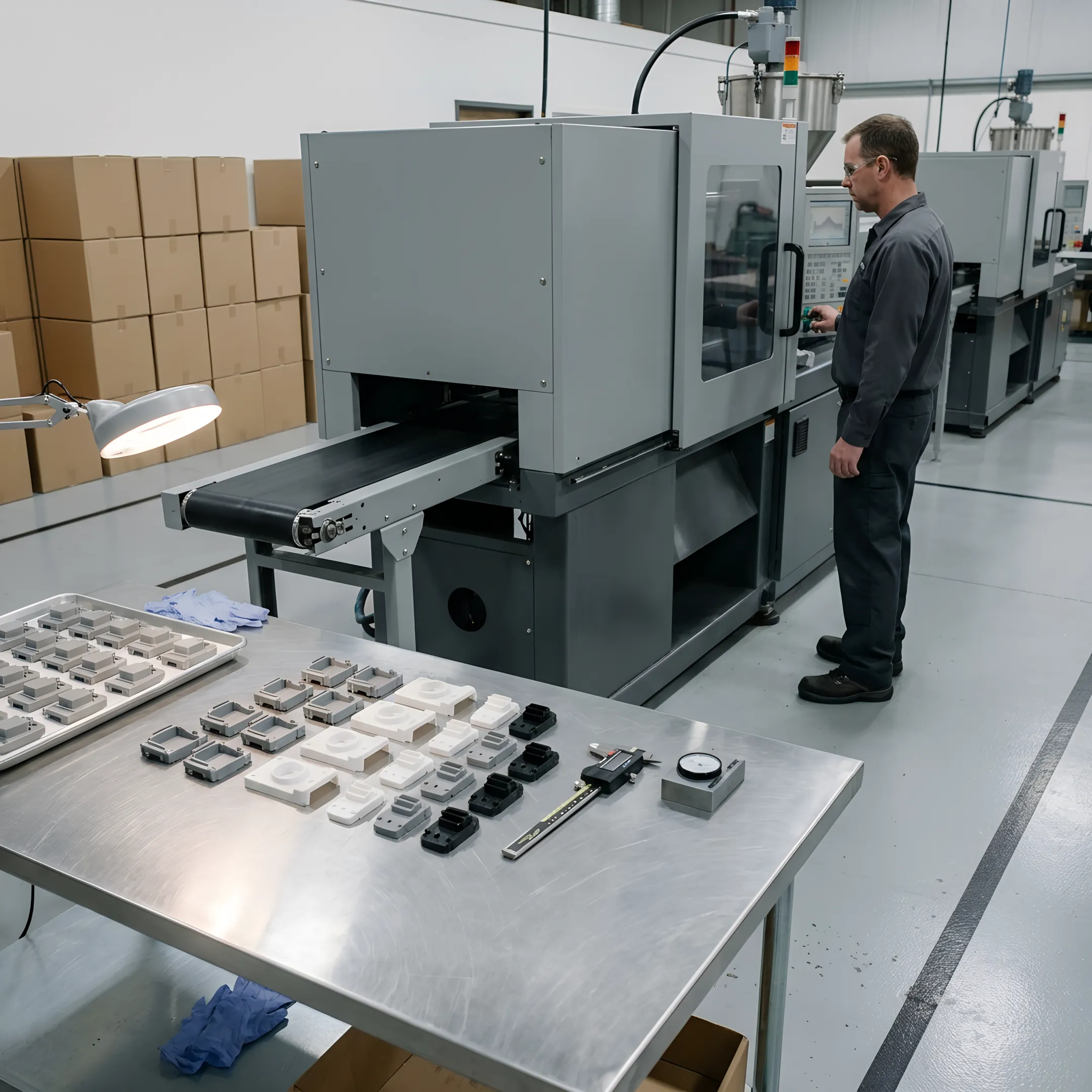 Injection molding production process with quality control inspection