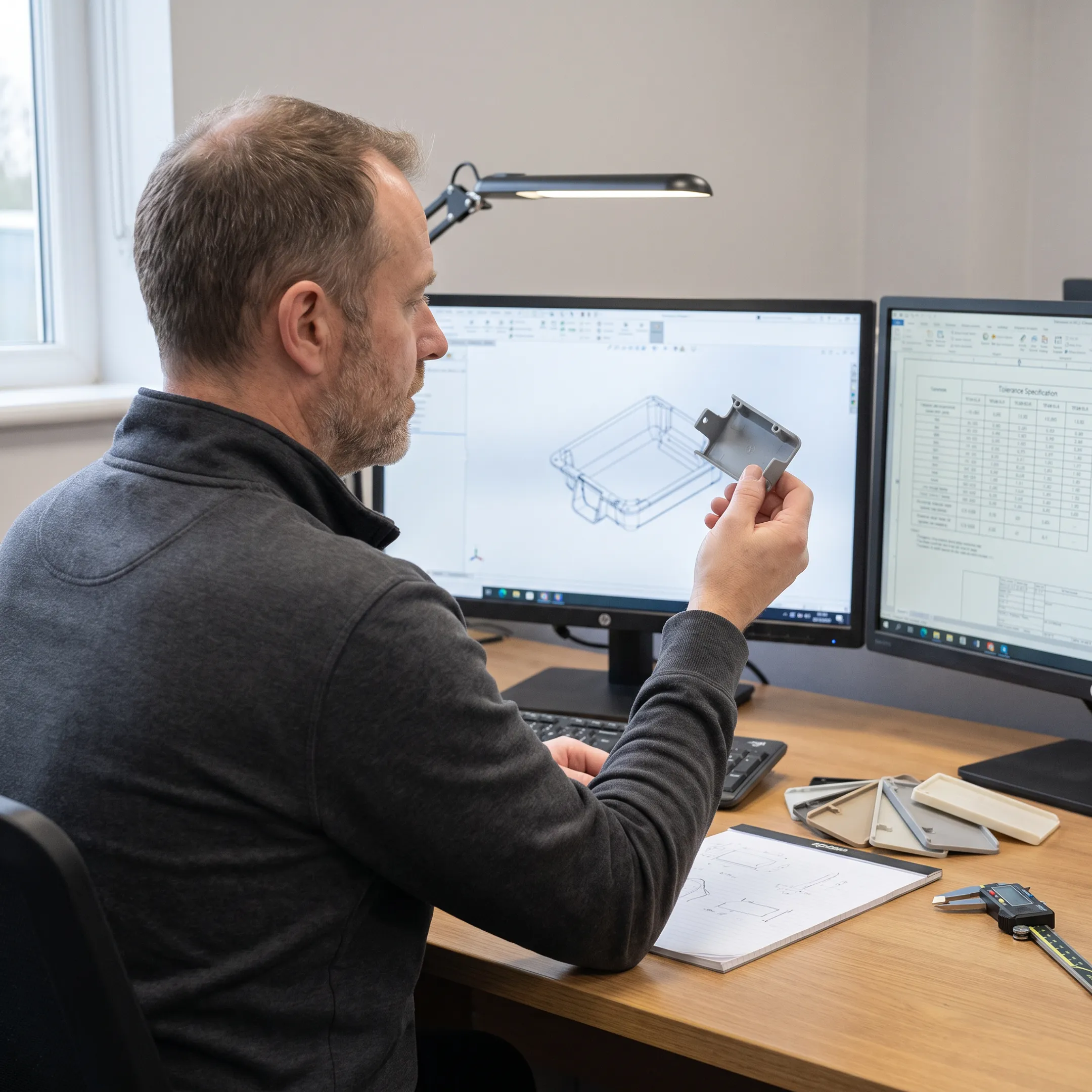 Engineer reviewing plastic prototype design on computer workstation