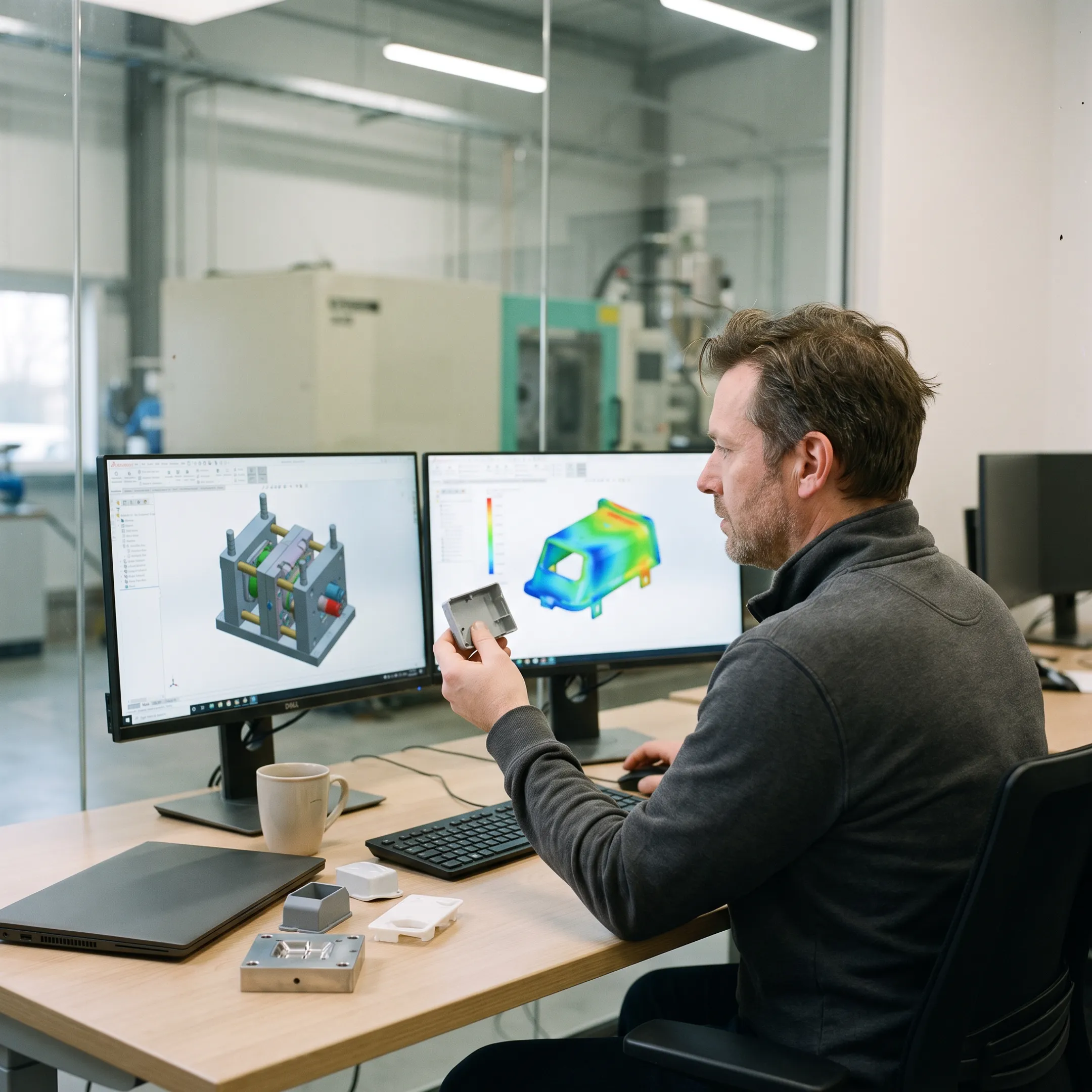 Engineer reviewing CAD models and injection mold designs on computer