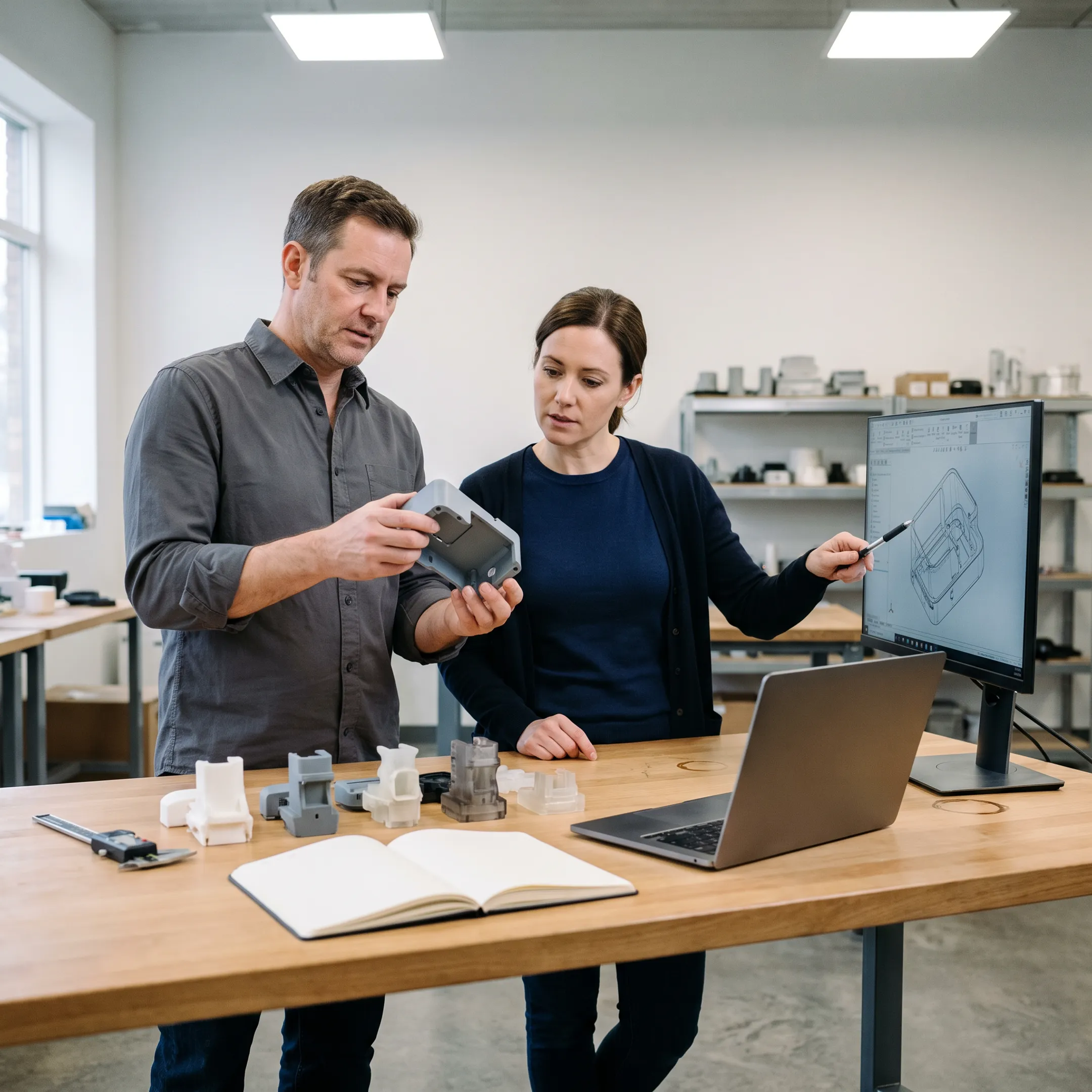 Engineering team reviewing CAD designs and injection molded prototype parts on computer workstation