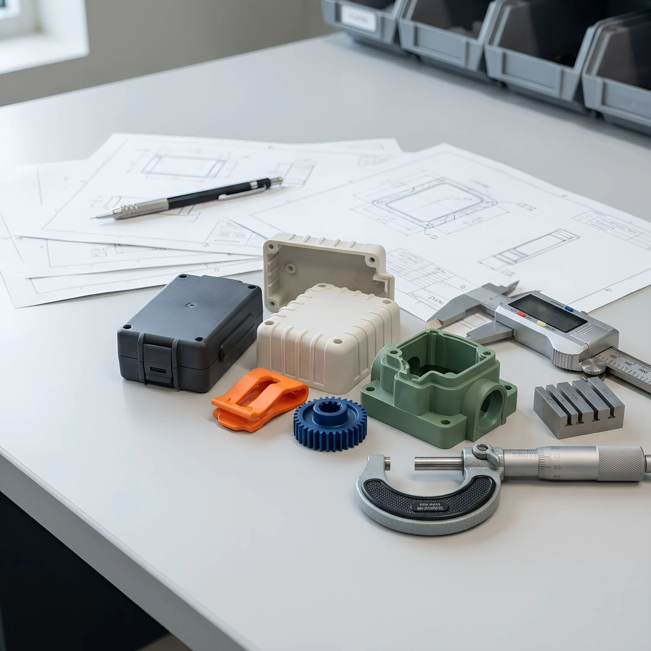 Precision injection molded components with engineering drawings and measurement tools