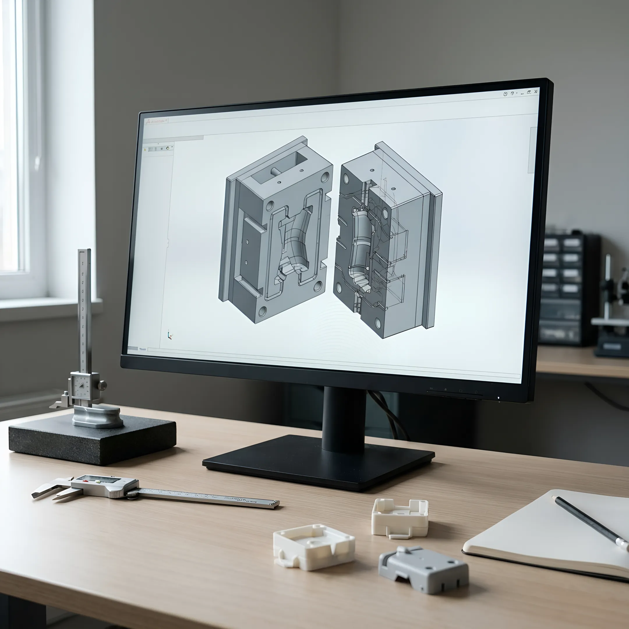 Advanced precision engineering workstation with CAD software displaying injection mold design