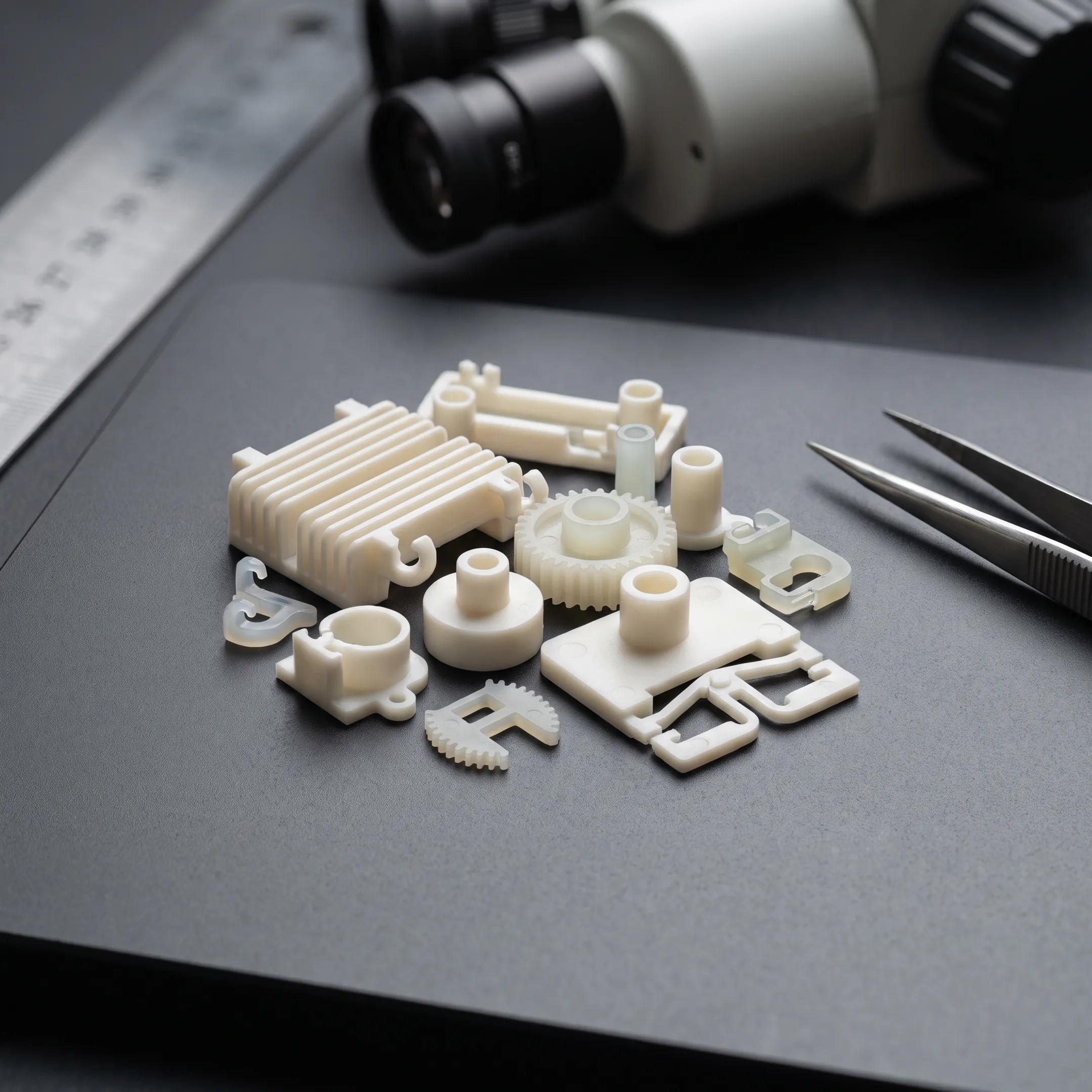 Close-up of precision micro injection molded components showing intricate detail