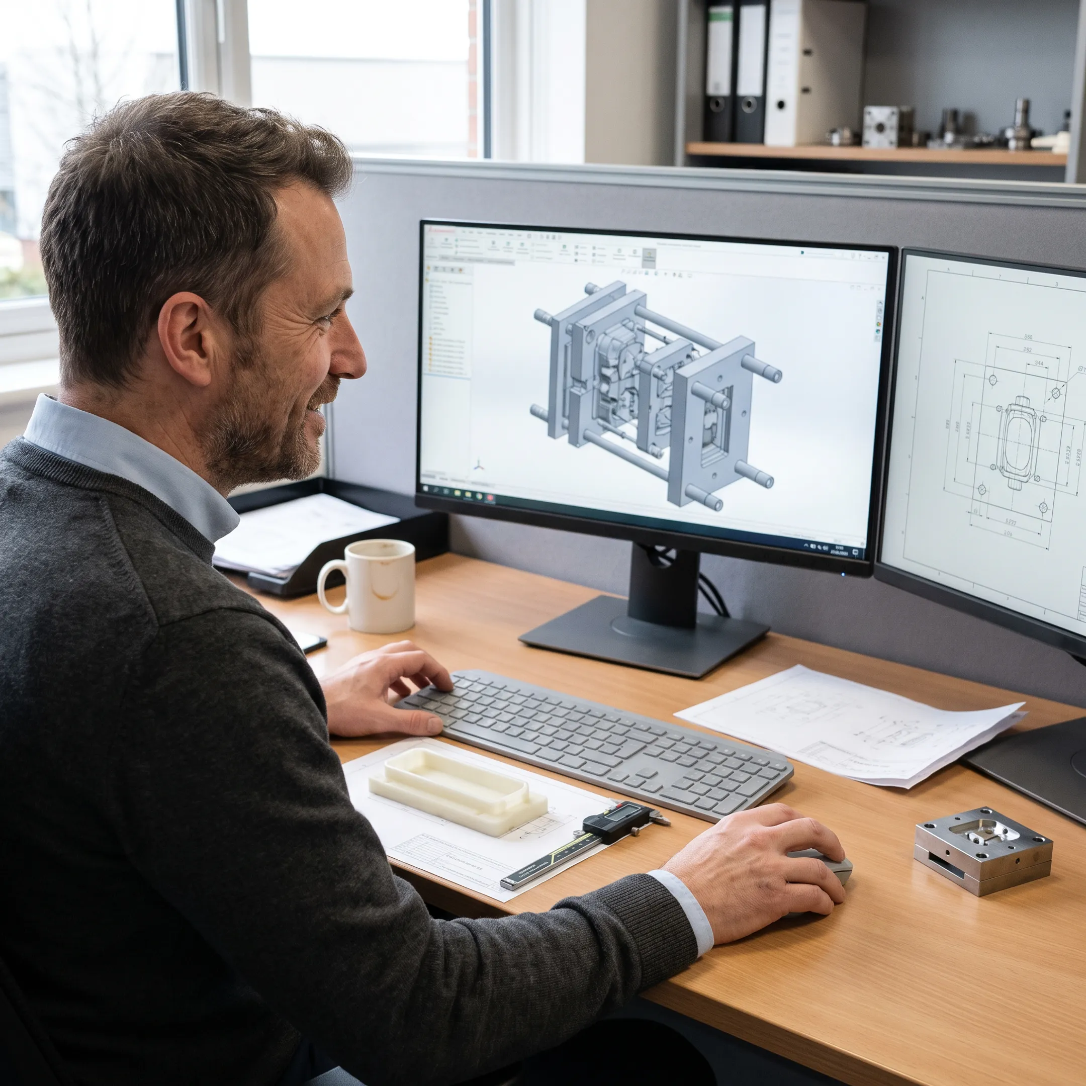 Engineer reviewing injection mold design specifications on computer with CAD software
