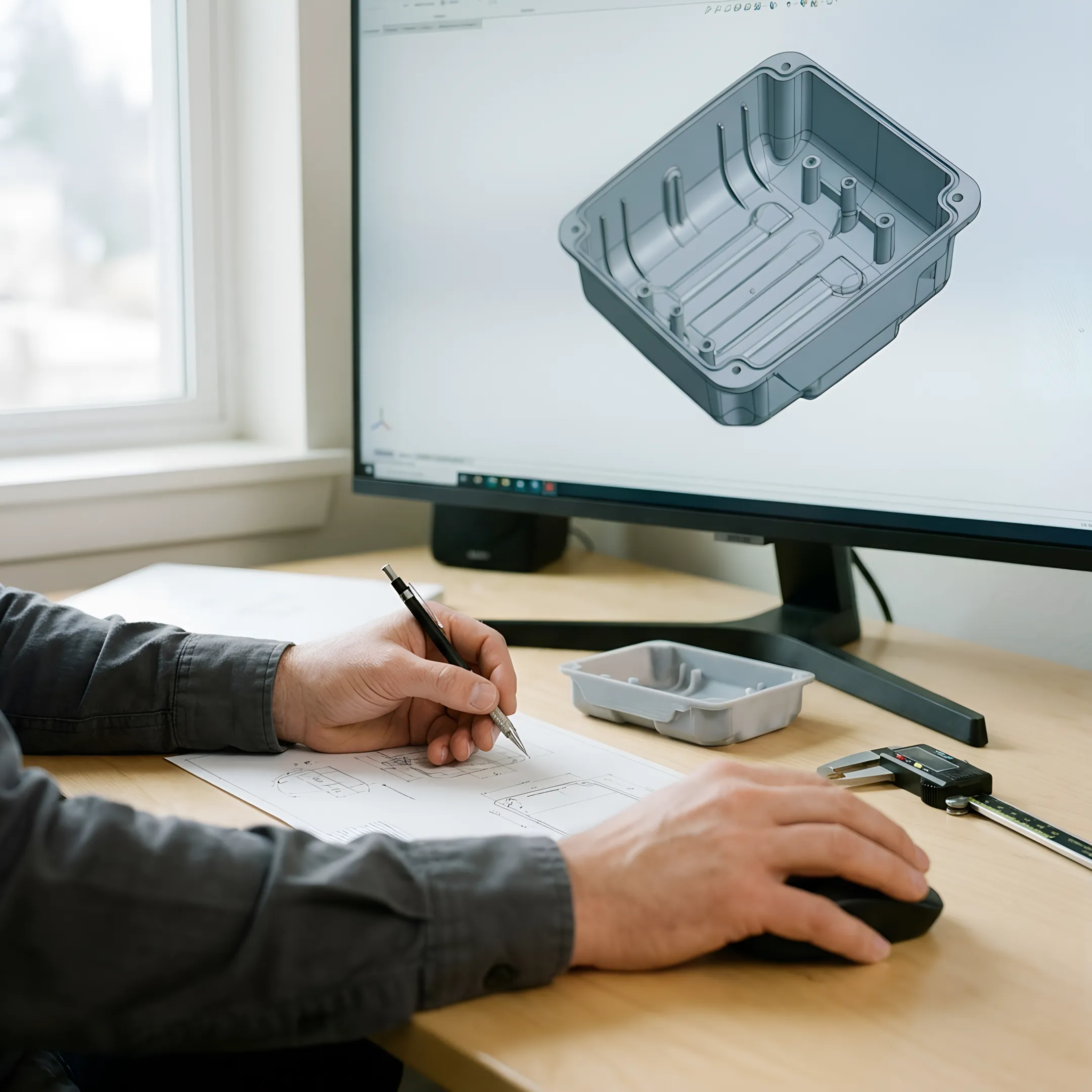 Industrial designer reviewing 3D CAD models and technical specifications for injection molding