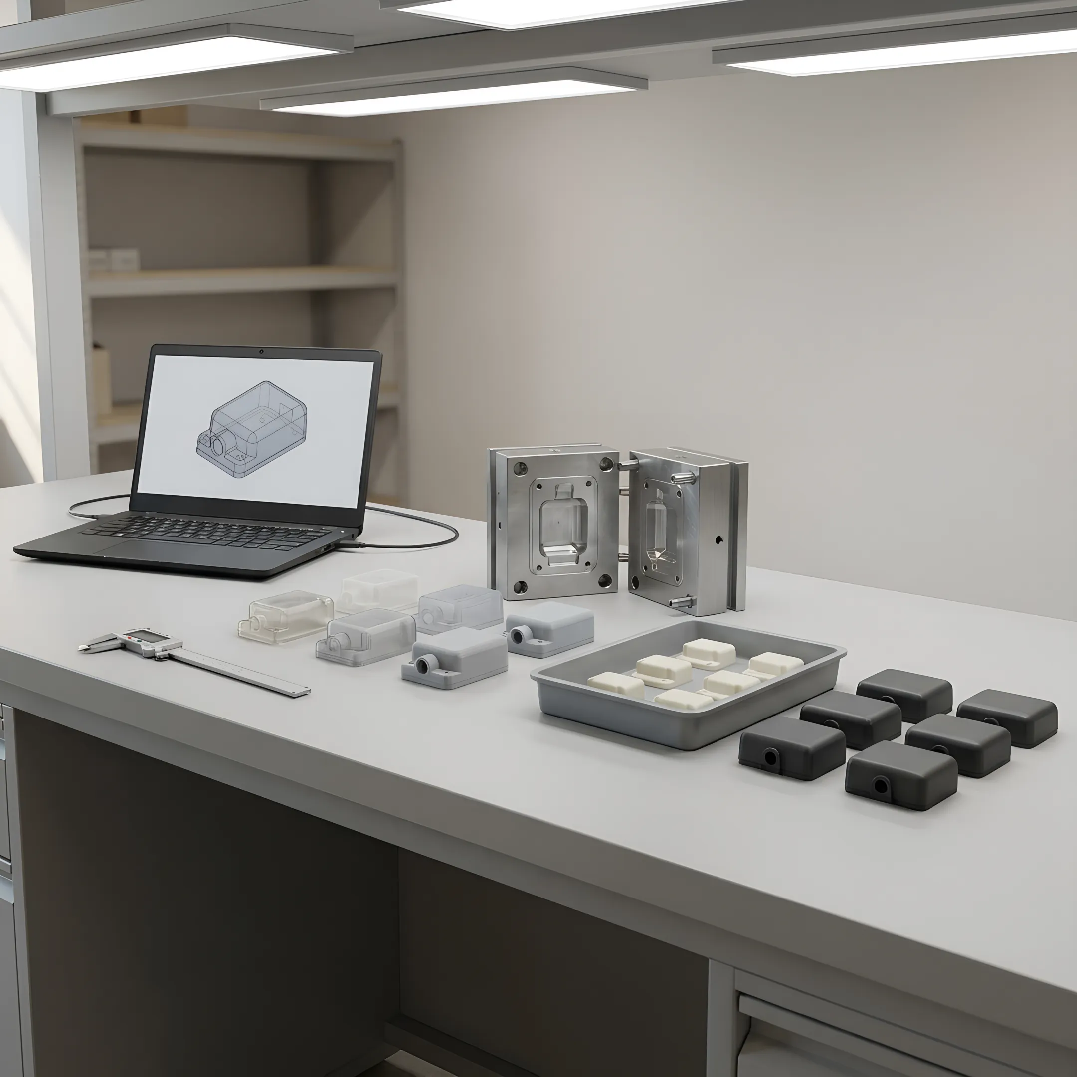 Product development workflow showing stages from concept sketches to finished injection molded parts