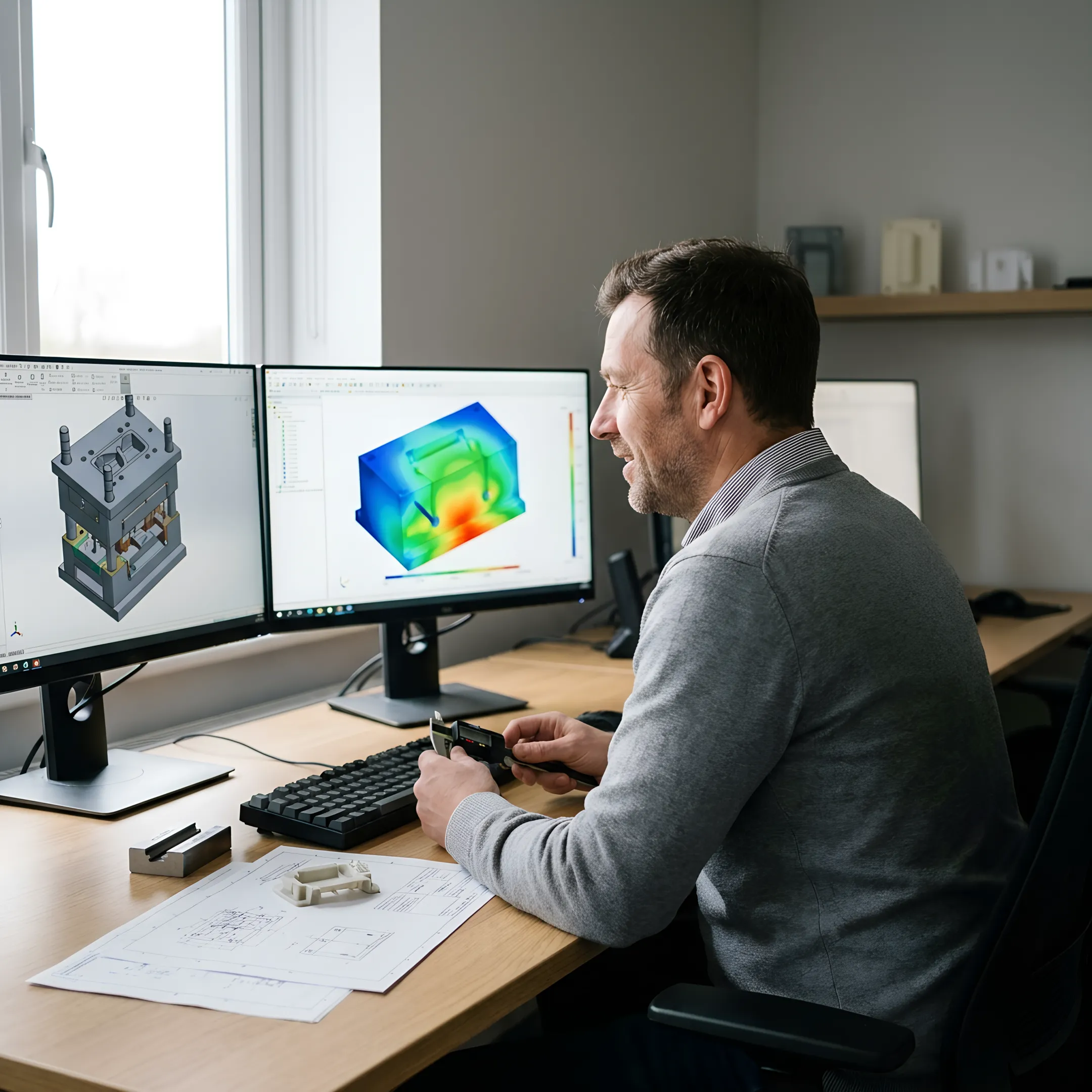 Engineer reviewing 3D CAD mold design with technical specifications and tooling documentation