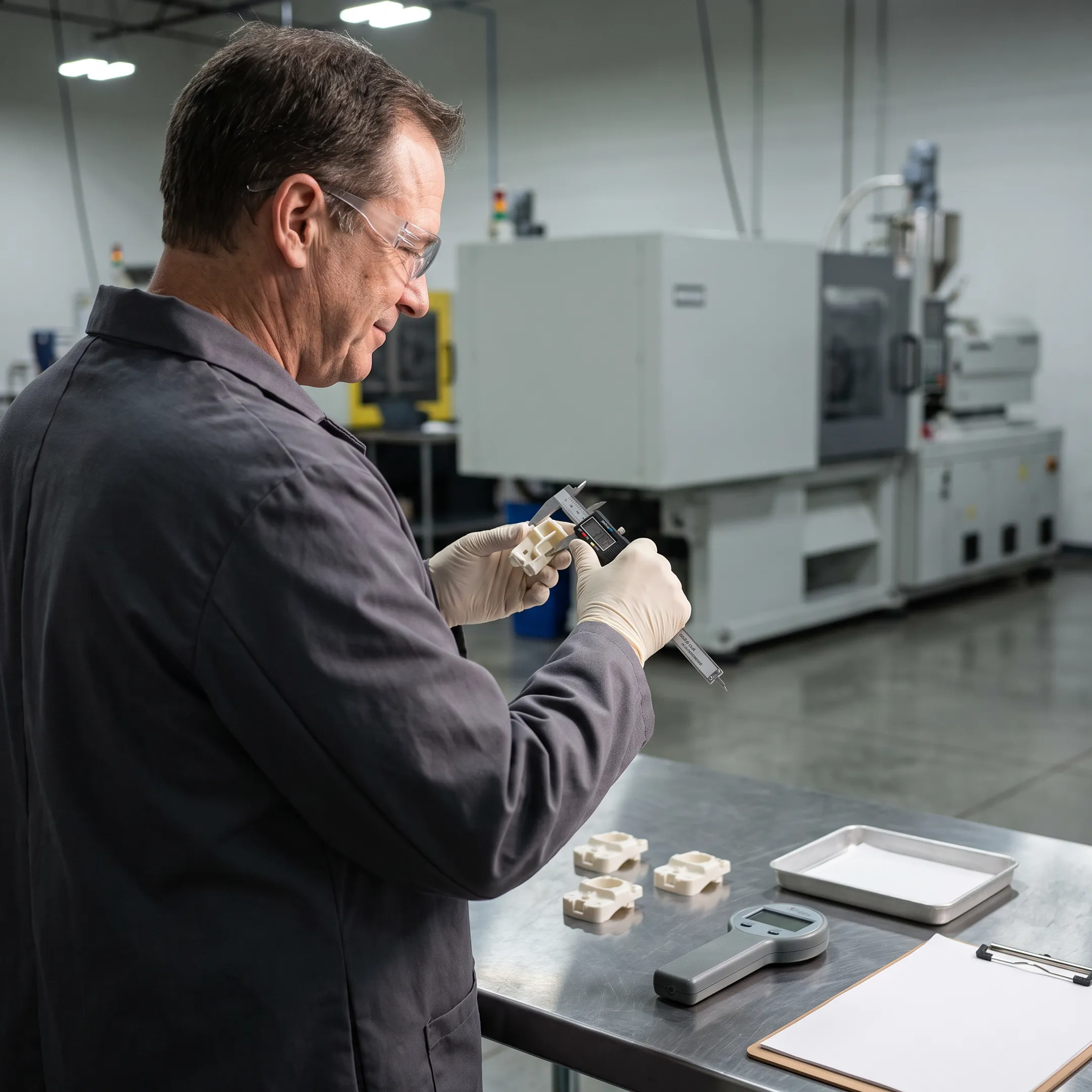 Engineer inspecting precision injection molded component with calipers