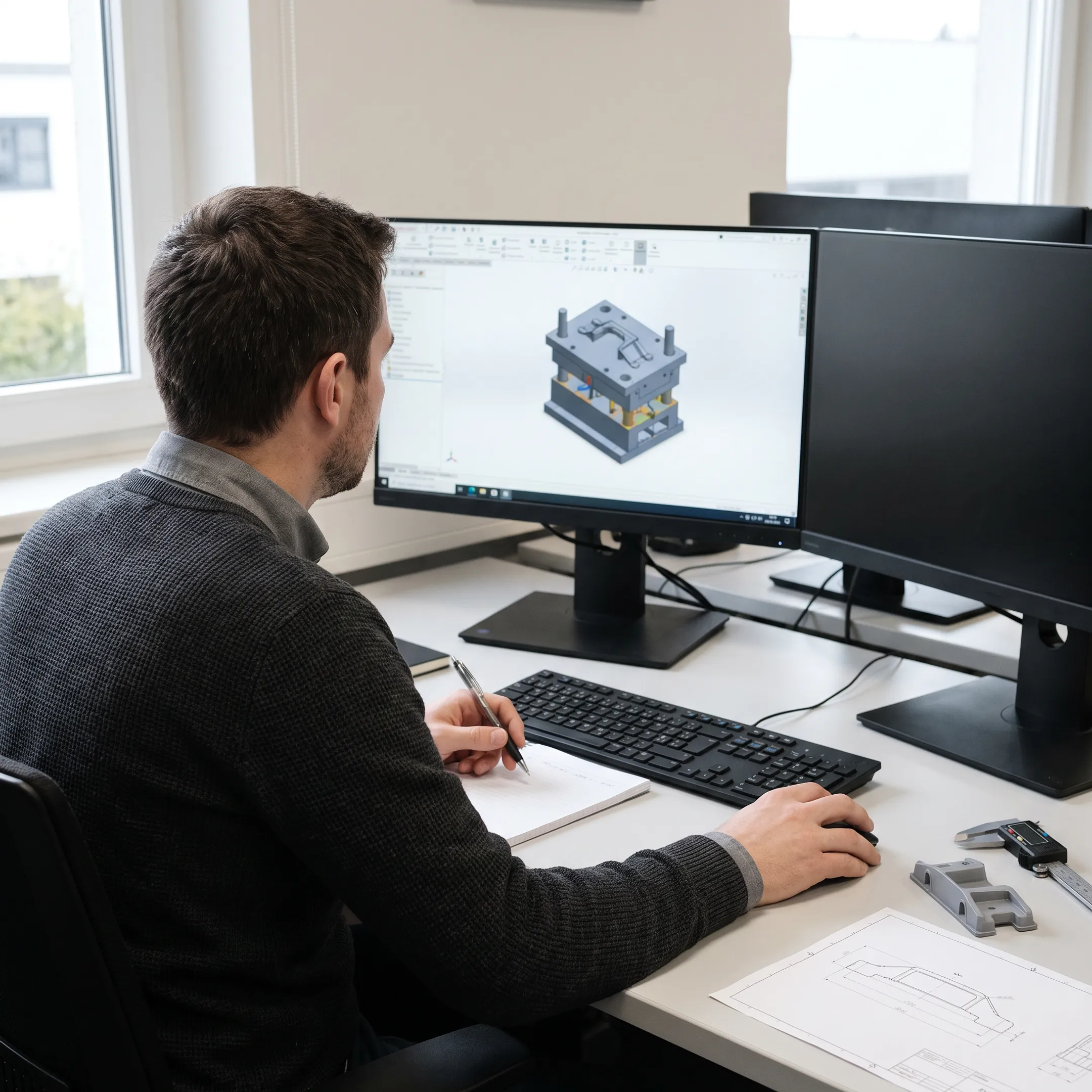 Engineer reviewing injection molding bridge tool design on computer screen