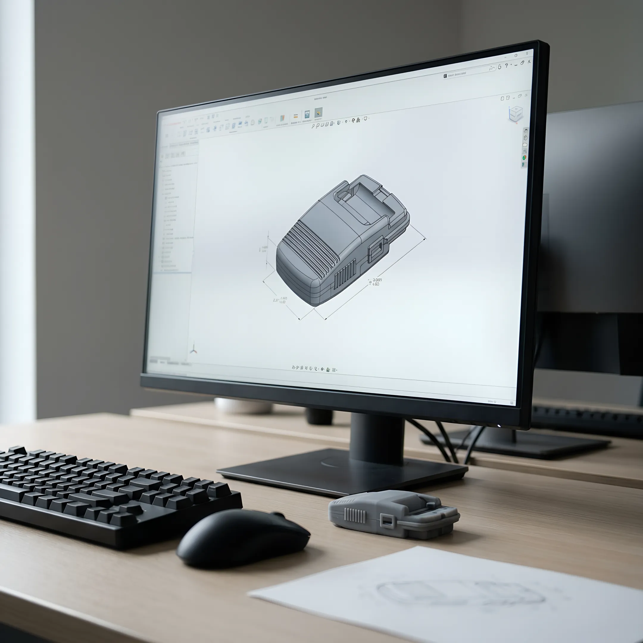 Engineer reviewing CAD design for clean room injection molded component on computer screen