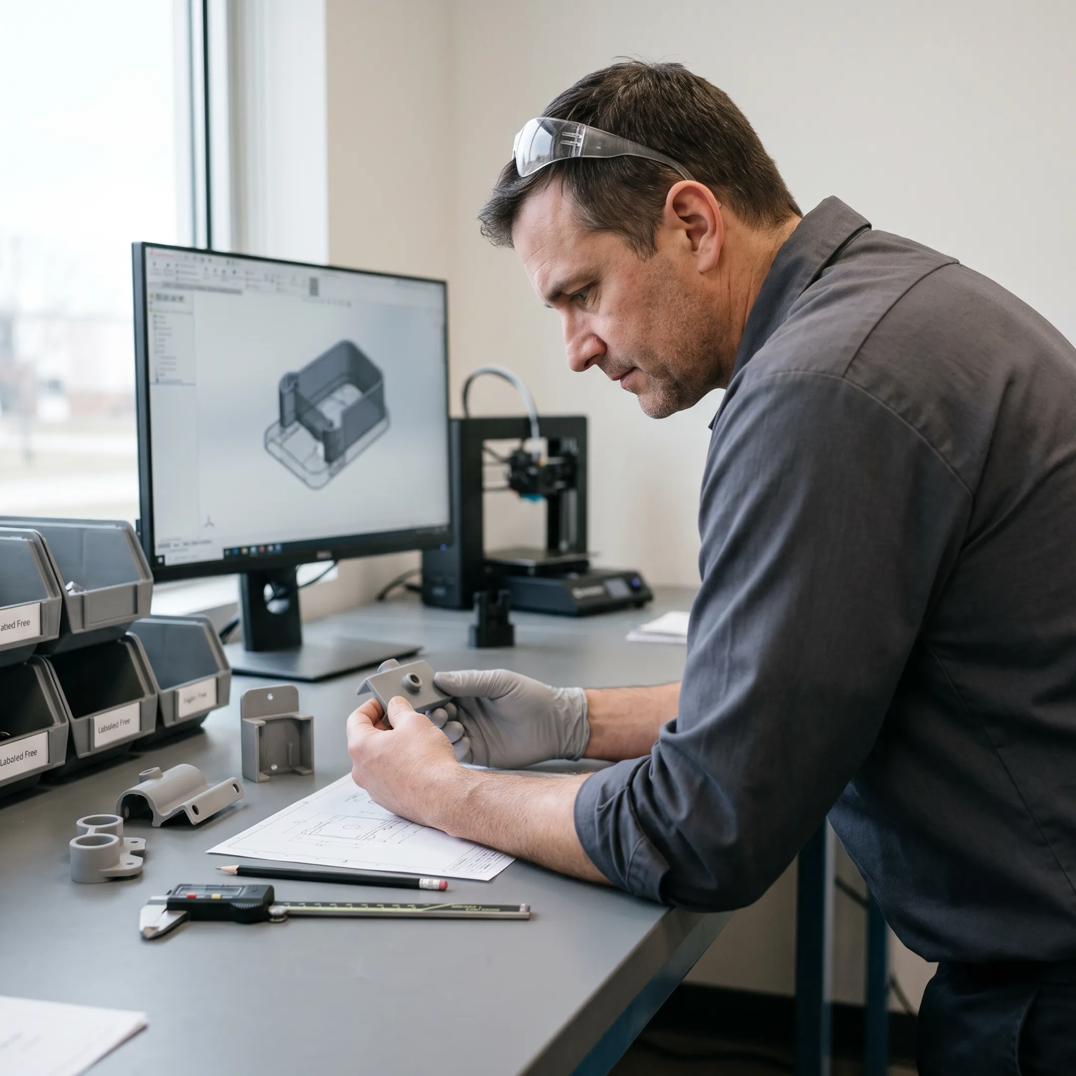 Manufacturing engineer reviewing technical drawings and injection molded parts