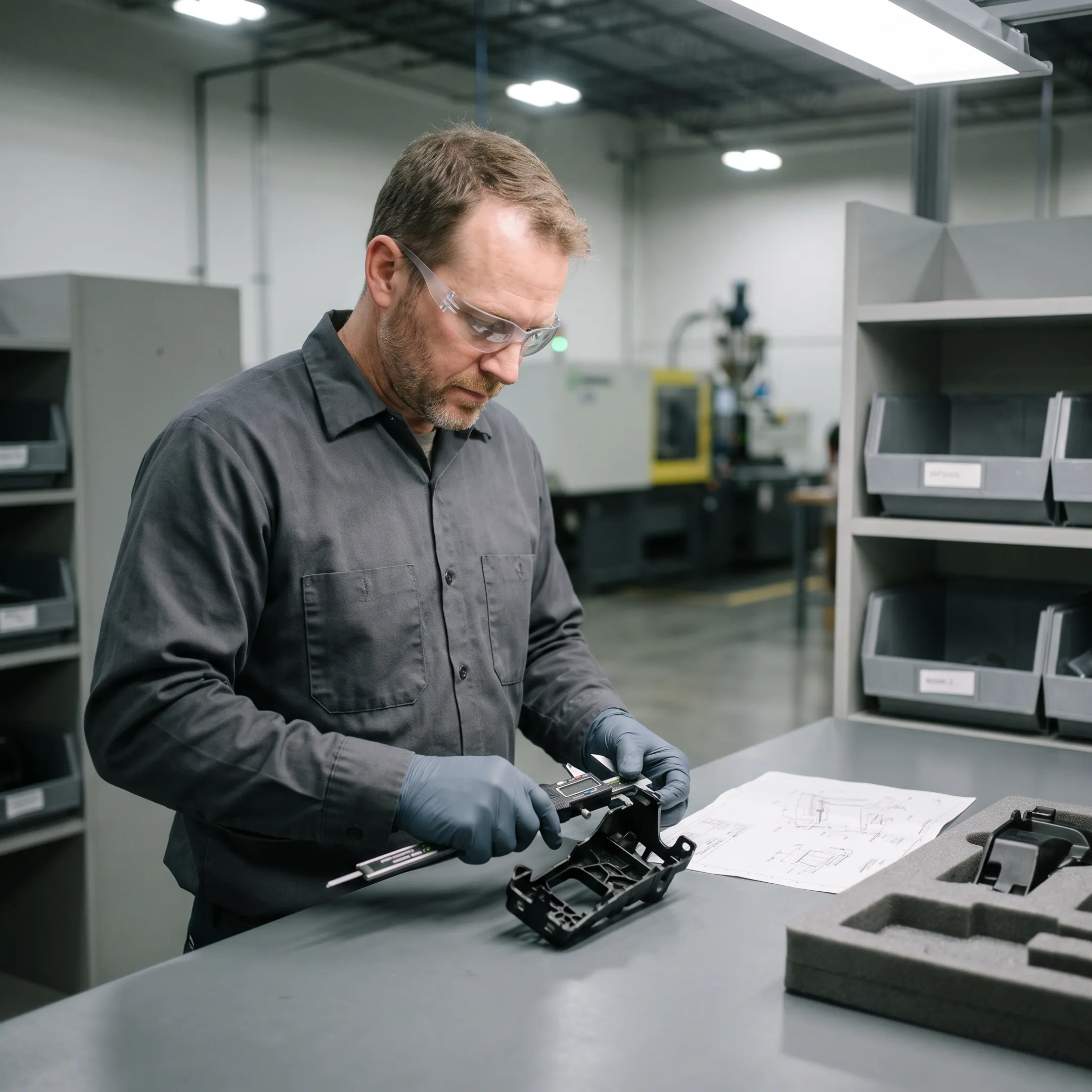 Engineer reviewing automotive injection molded part specifications