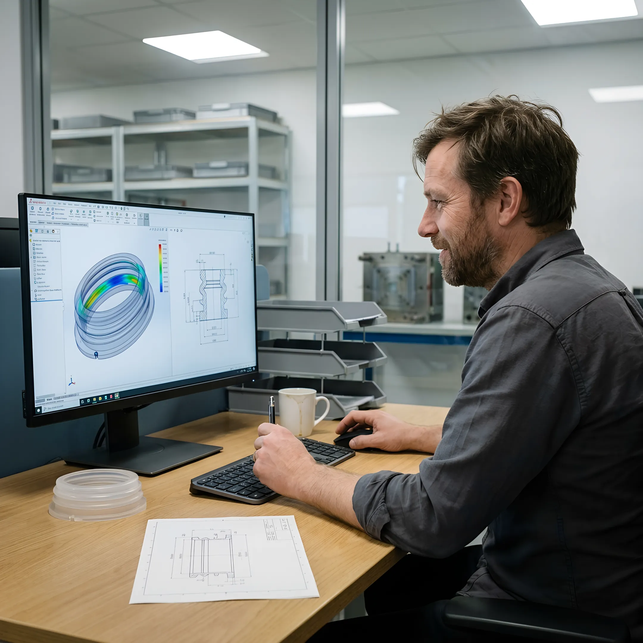Engineer reviewing silicone prototype design on computer with CAD software
