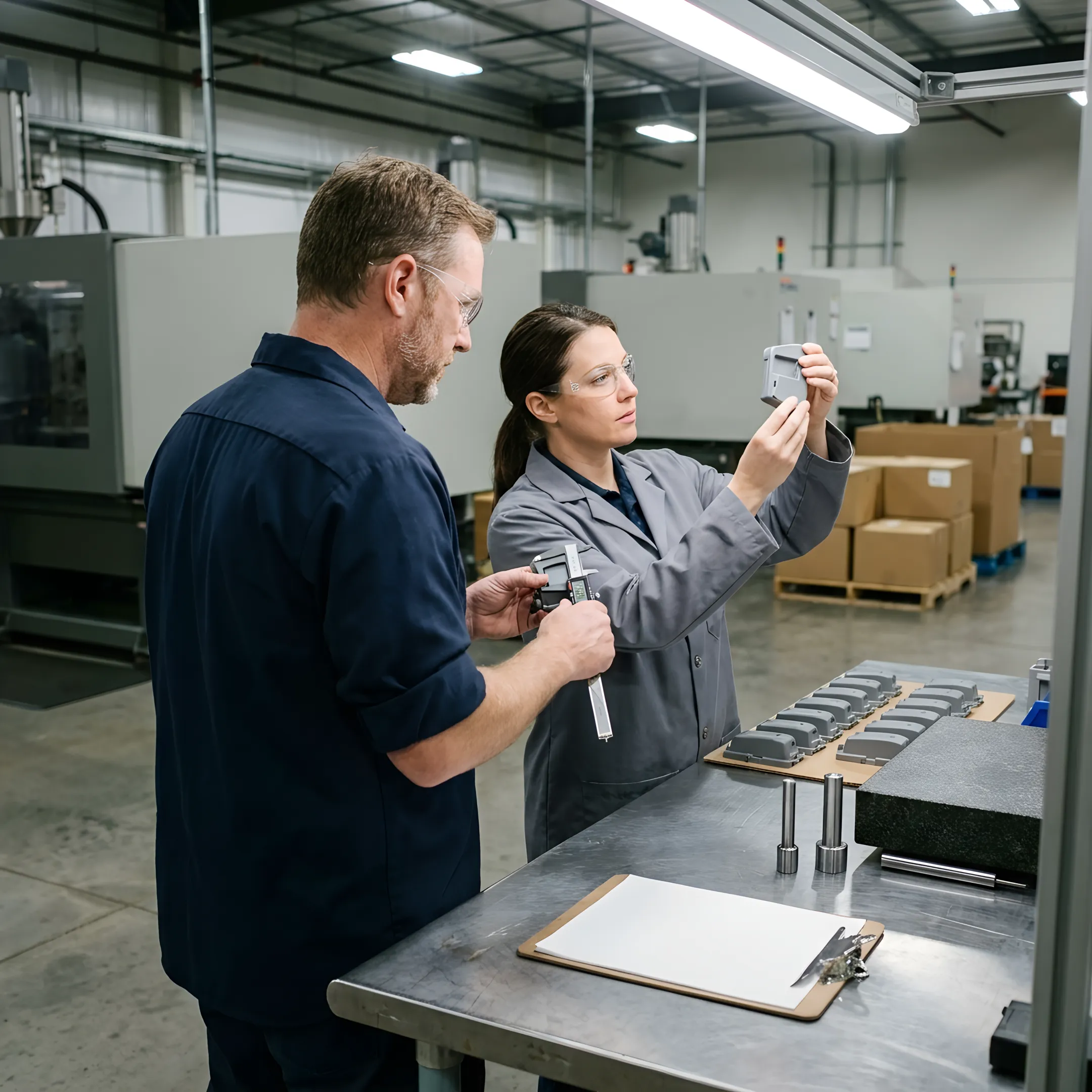 Engineering team reviewing injection molded part design specifications and prototypes