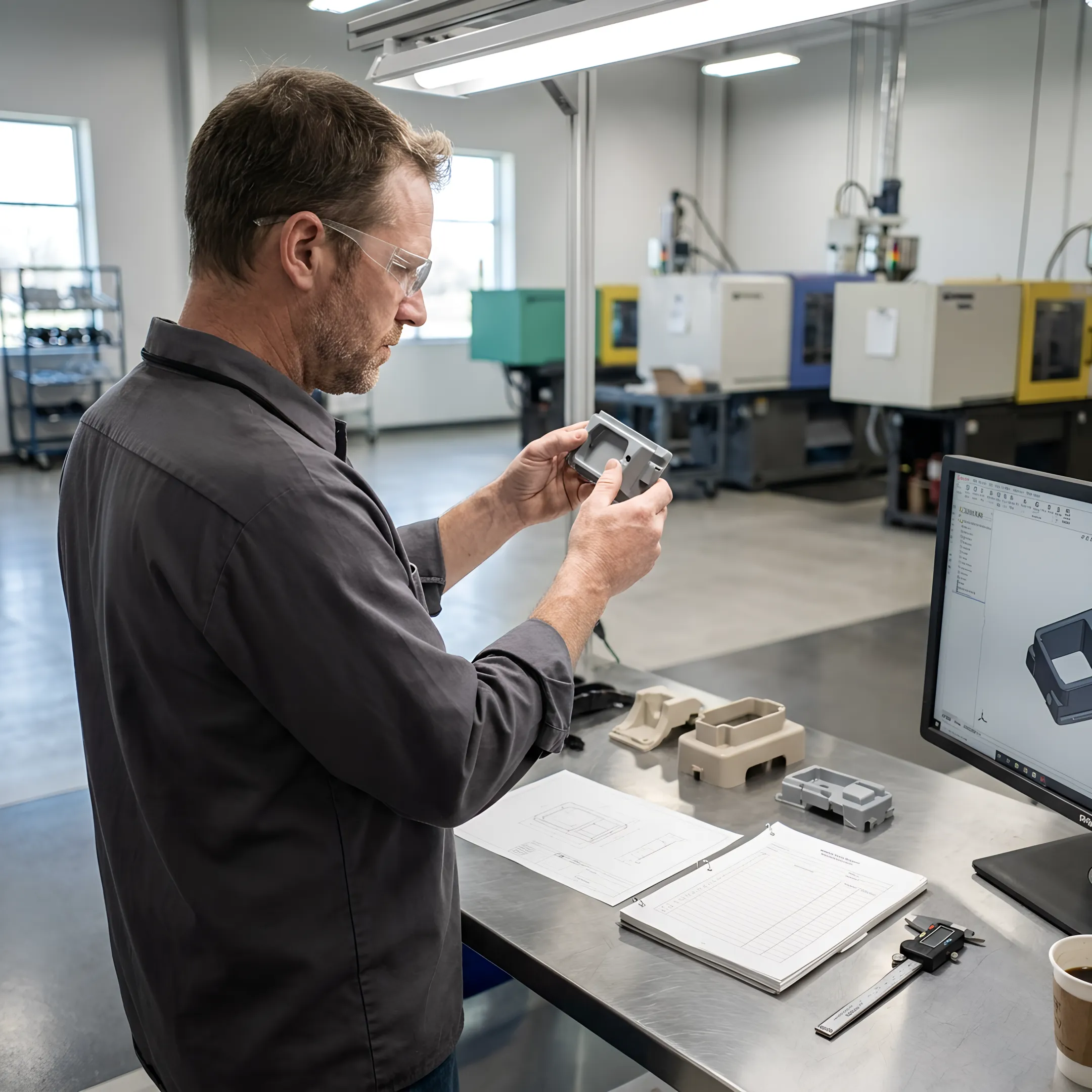 Engineer reviewing prototype parts and technical drawings during product development process