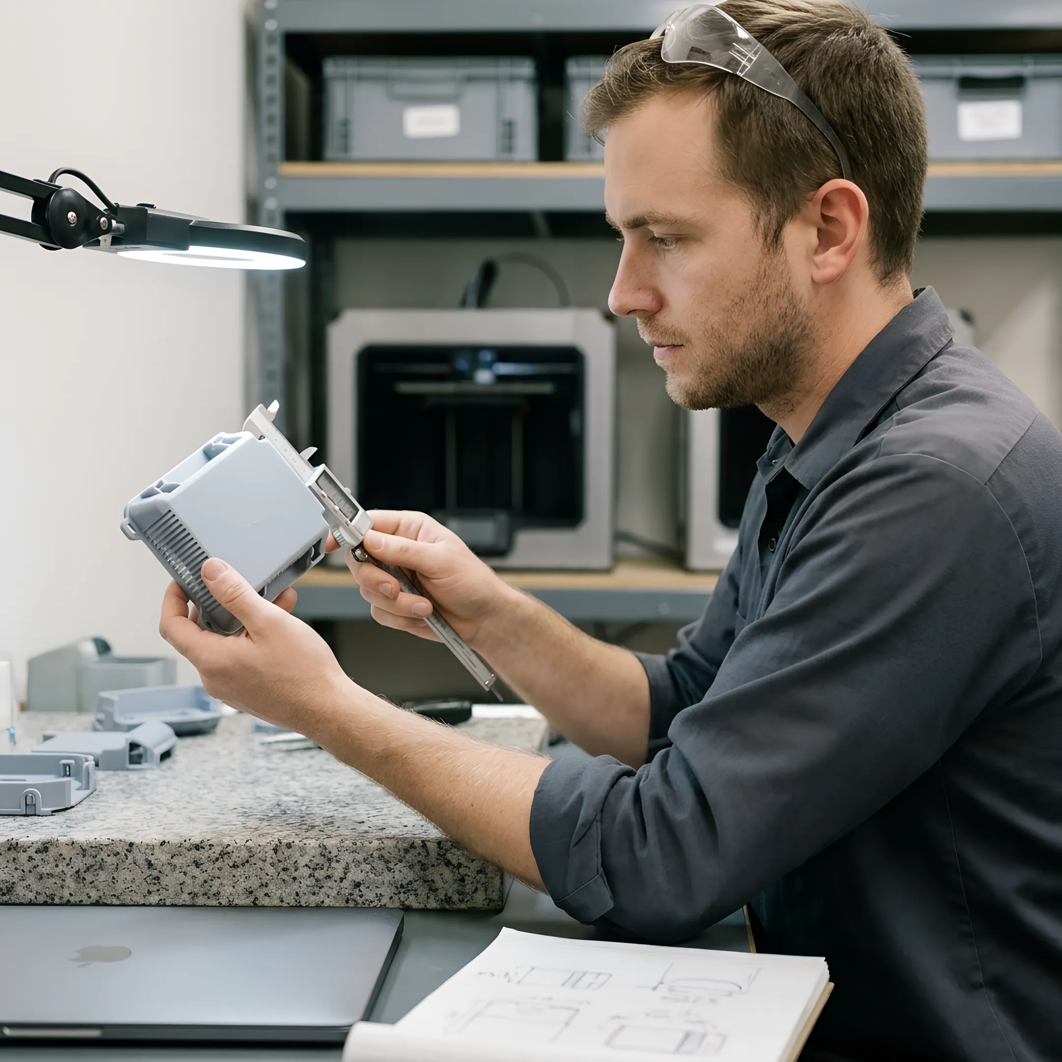 Engineer examining detailed rapid prototype component