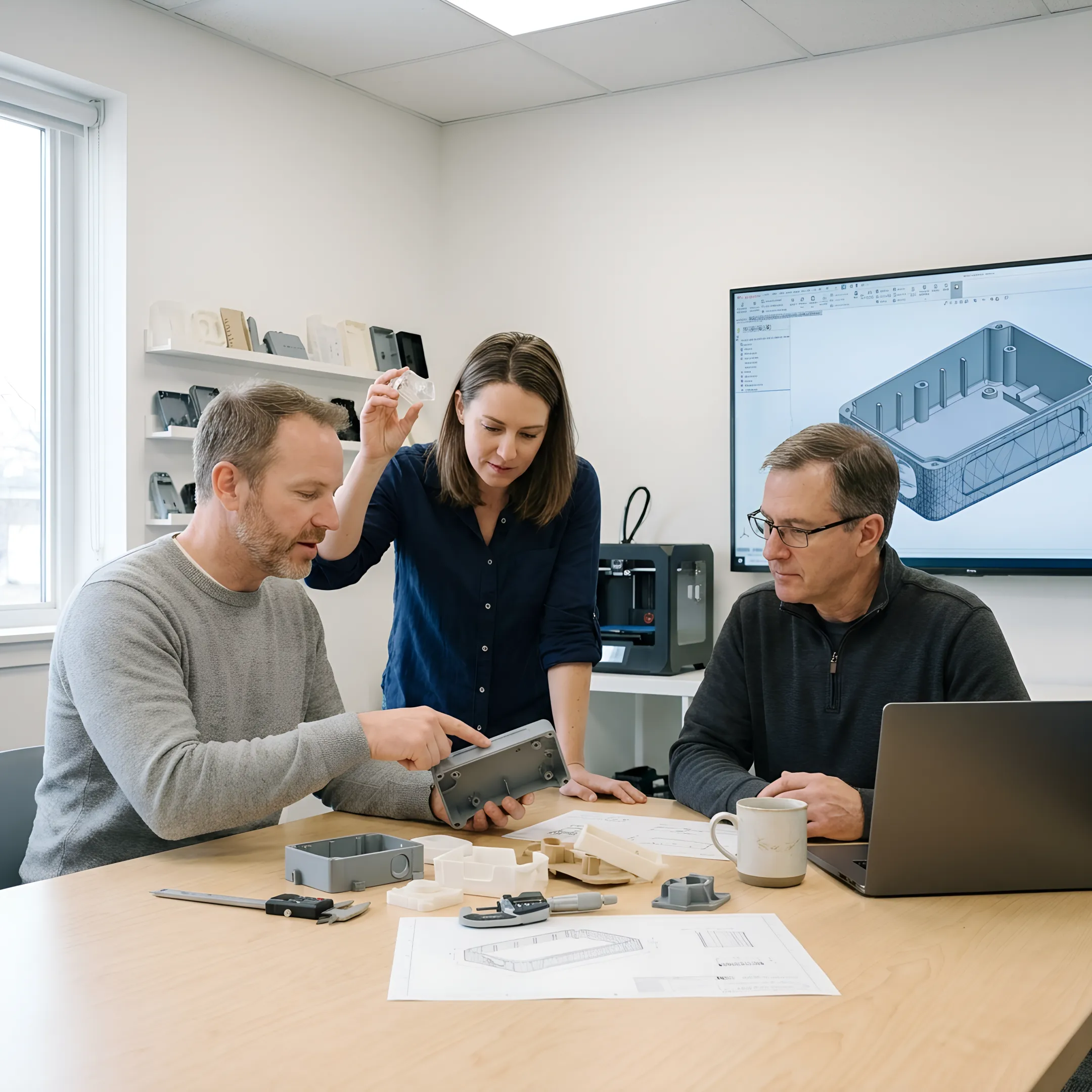 Team of engineers collaborating on injection molding design development process