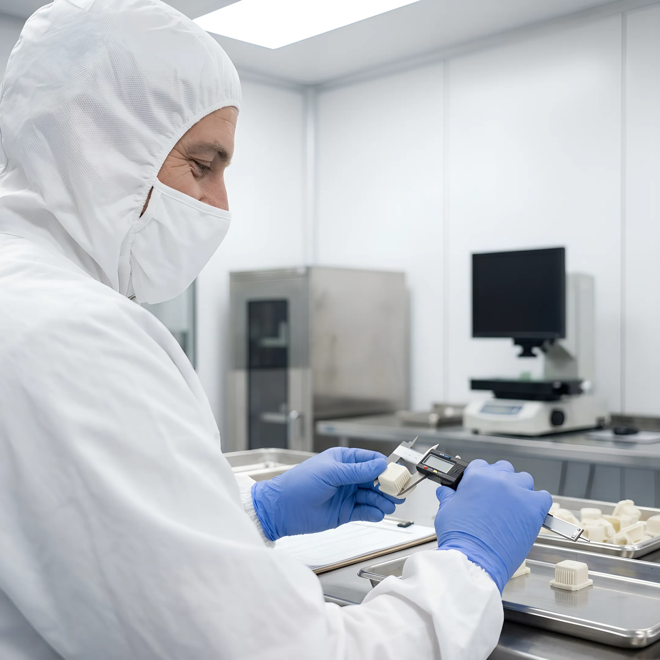 Medical device engineer reviewing injection molded healthcare component specifications