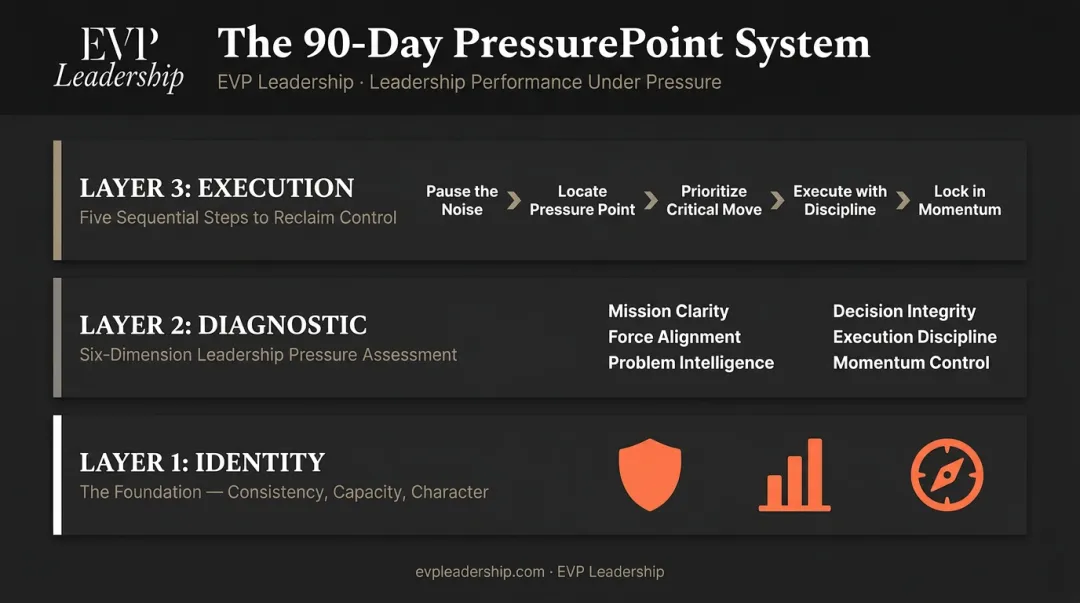 EVP Leadership 90-Day PressurePoint System three-layer framework process infographic