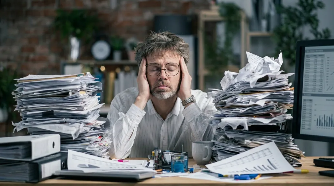 Tired executive showing decision fatigue at desk with multiple documents and screens