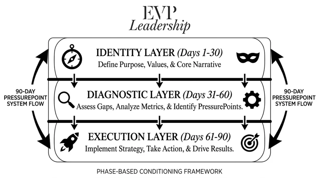 EVP Leadership 90-Day PressurePoint System three-layer framework diagram