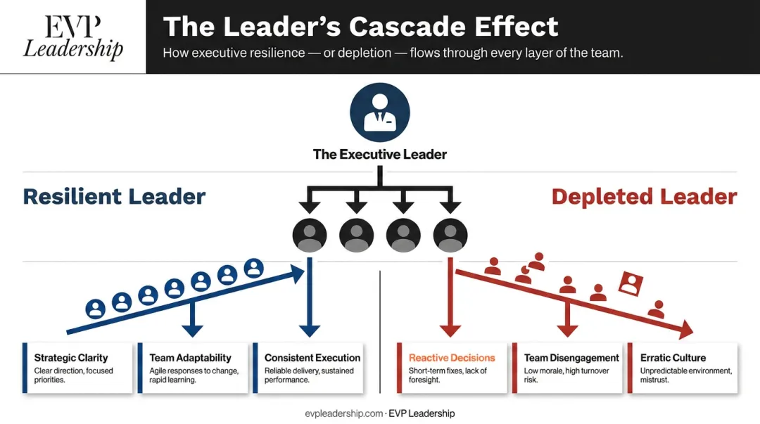 Executive leadership cascade effect showing leader resilience impact on team performance