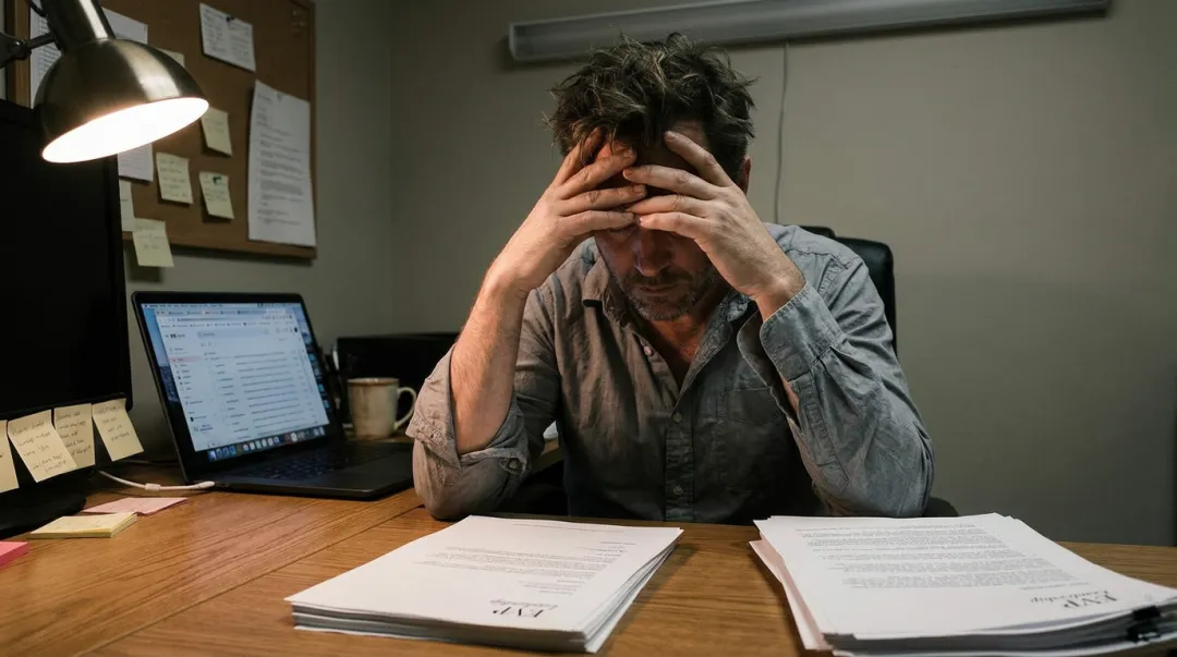 Small business owner experiencing decision fatigue and leadership pressure at desk