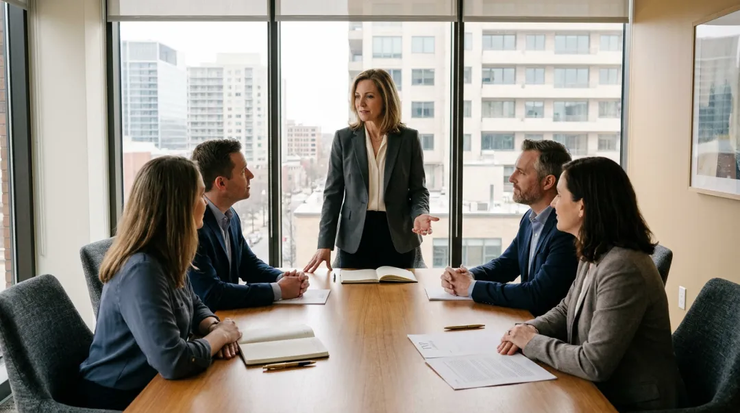 Leader calmly guiding engaged team through high-pressure organizational change moment