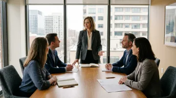 Leader calmly guiding engaged team through high-pressure organizational change moment