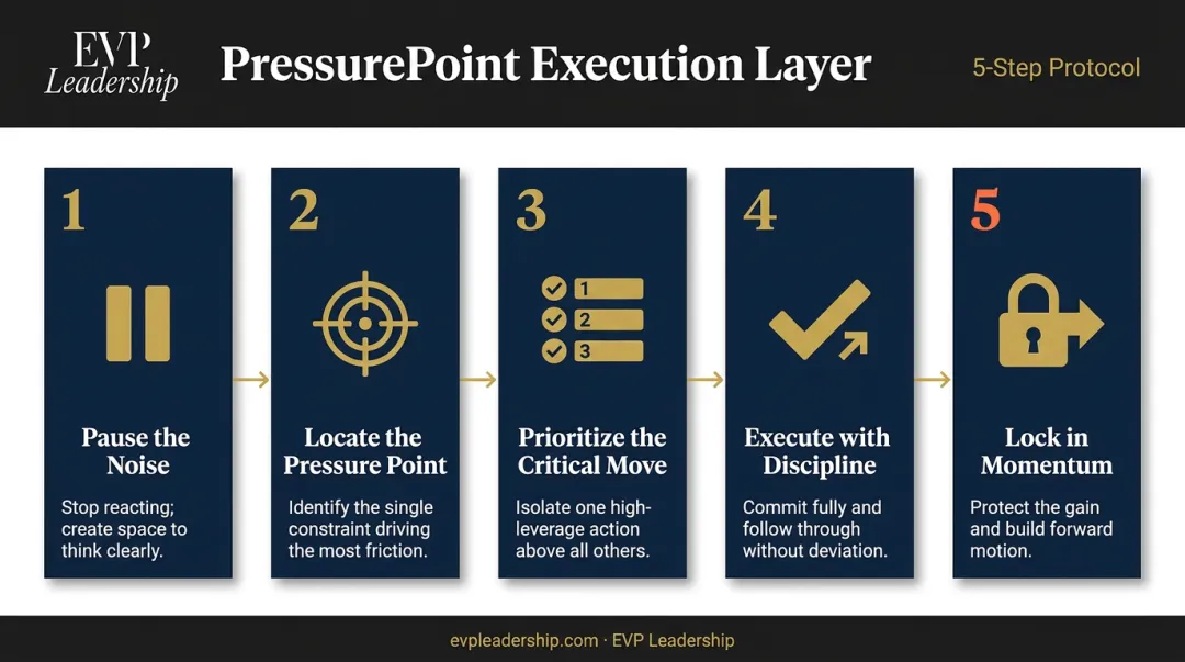 5-step PressurePoint execution protocol for high-stakes leadership decisions