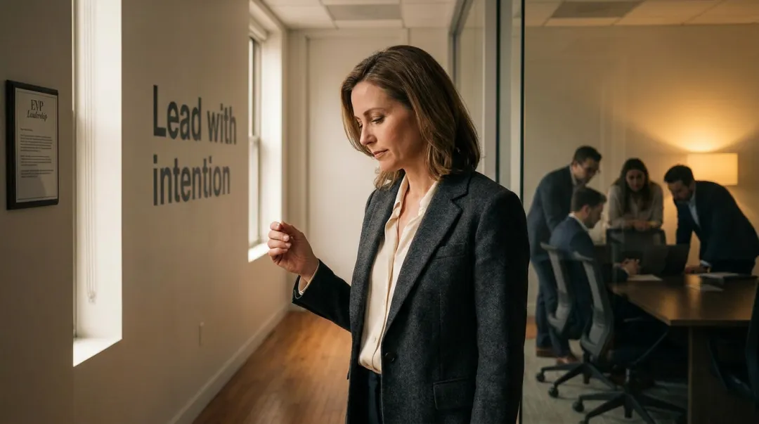 Business leader pausing reflectively before high-stakes team meeting in modern office