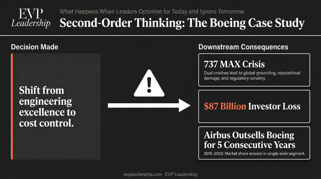 Second-order thinking Boeing 737 MAX decision consequences timeline and financial impact