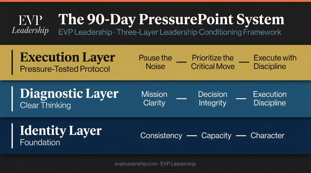 EVP Leadership 90-Day PressurePoint System three integrated layers identity diagnostic execution