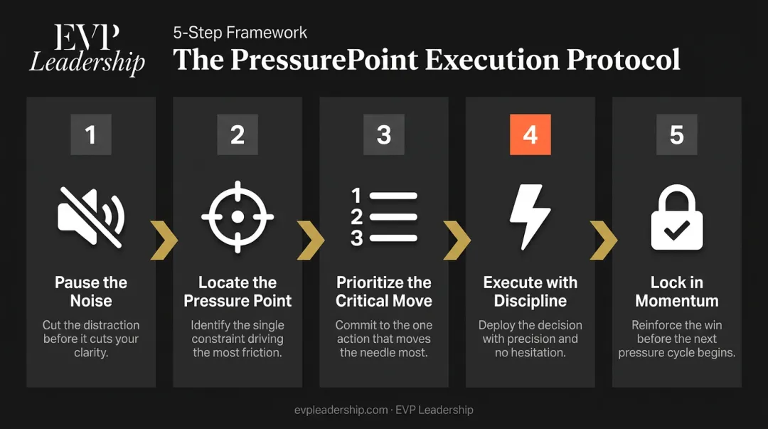 5-step PressurePoint execution protocol from pause to momentum lock-in