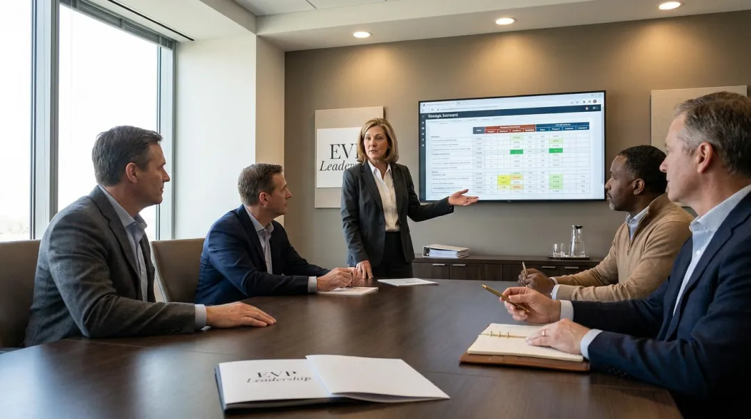 Executive leadership team in transparent accountability discussion around boardroom table