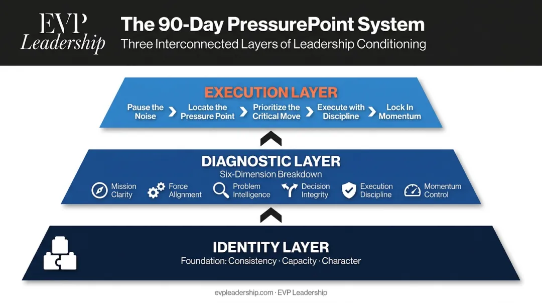 EVP Leadership 90-Day PressurePoint System three-layer conditioning framework diagram