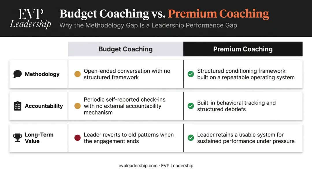 Budget versus premium executive coaching side-by-side comparison across three key dimensions