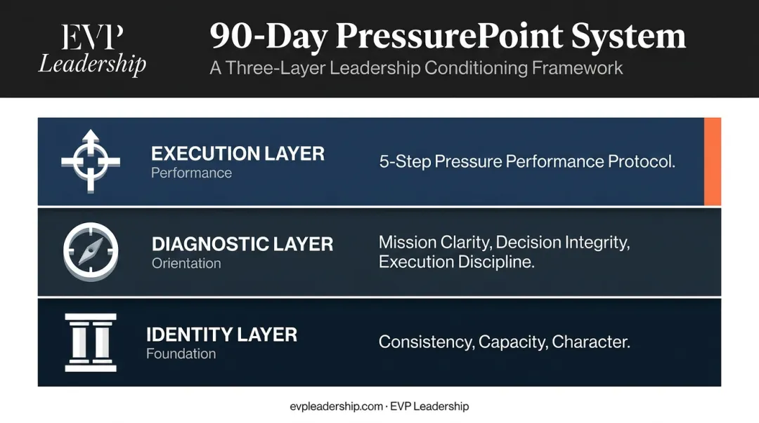 EVP Leadership 90-Day PressurePoint System three-layer coaching framework diagram
