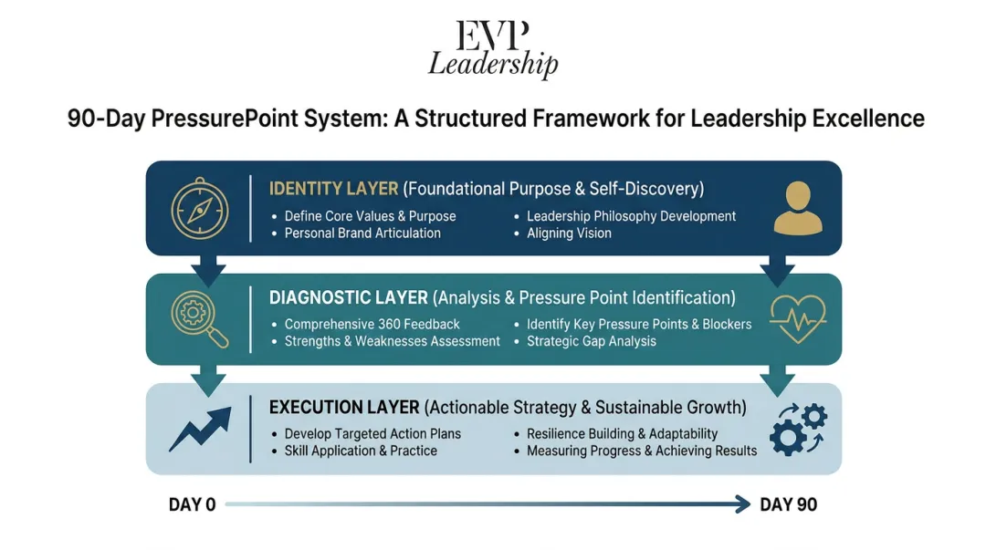 EVP Leadership 90-Day PressurePoint System three-layer framework diagram overview