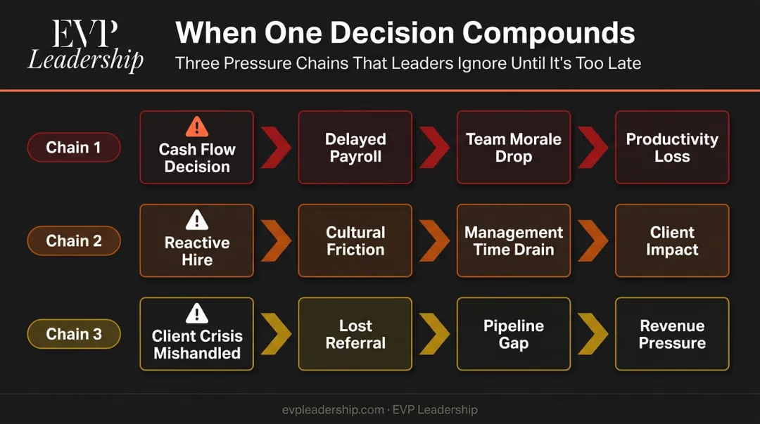 Three reactive decision compounding chains showing cascading business consequences