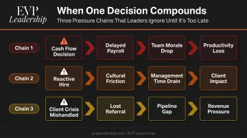 Three reactive decision compounding chains showing cascading business consequences