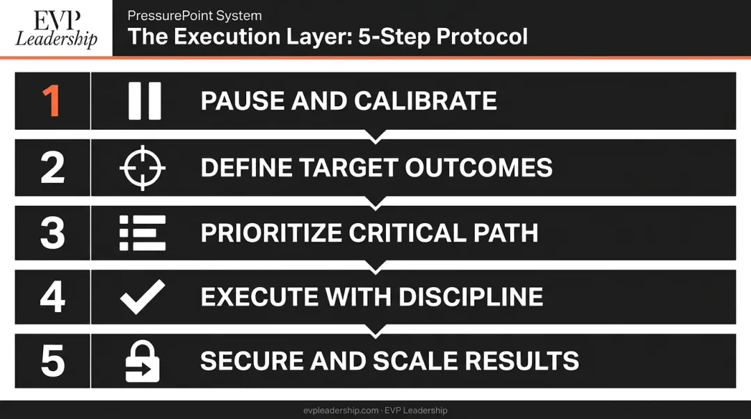 EVP Leadership five-step PressurePoint execution protocol process flow diagram