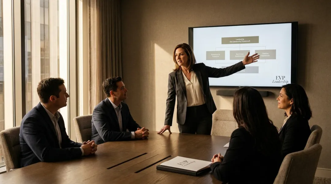 Confident professional woman leading high-stakes boardroom presentation with authority and presence